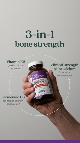 A clear, educational vertical ad featuring a hand holding a bottle of bone strength supplements with informative labels explaining the product's benefits.